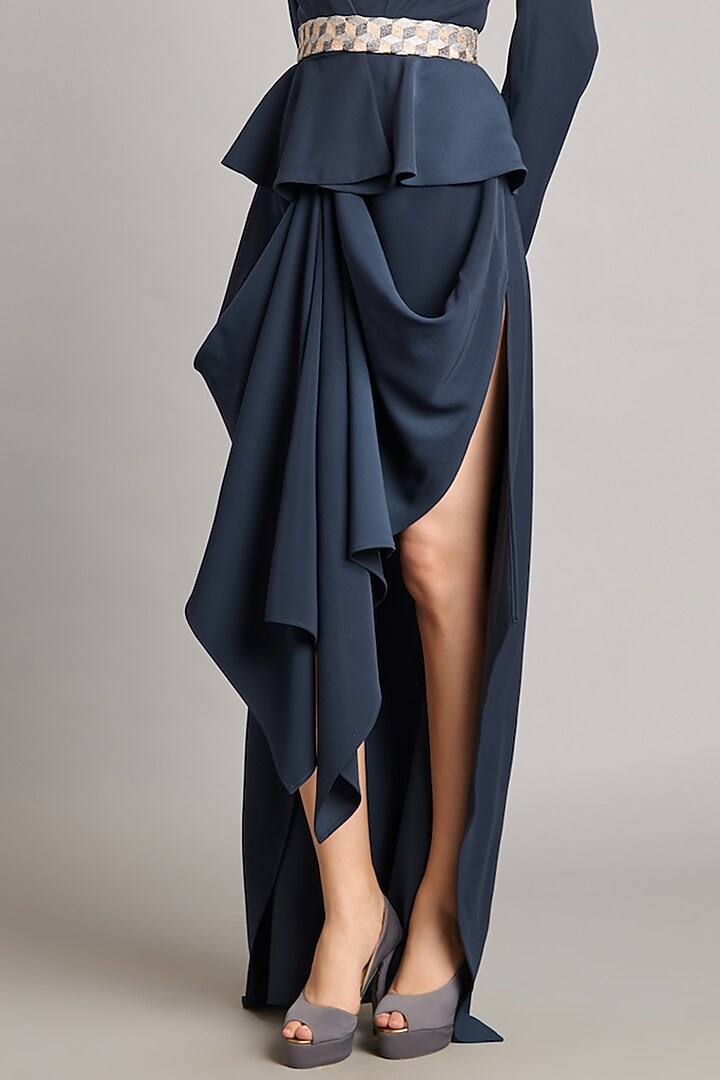 Slate Grey Microfiber & Heavy Knit Draped Skirt by Siddartha Tytler at Pernia's Pop Up Shop