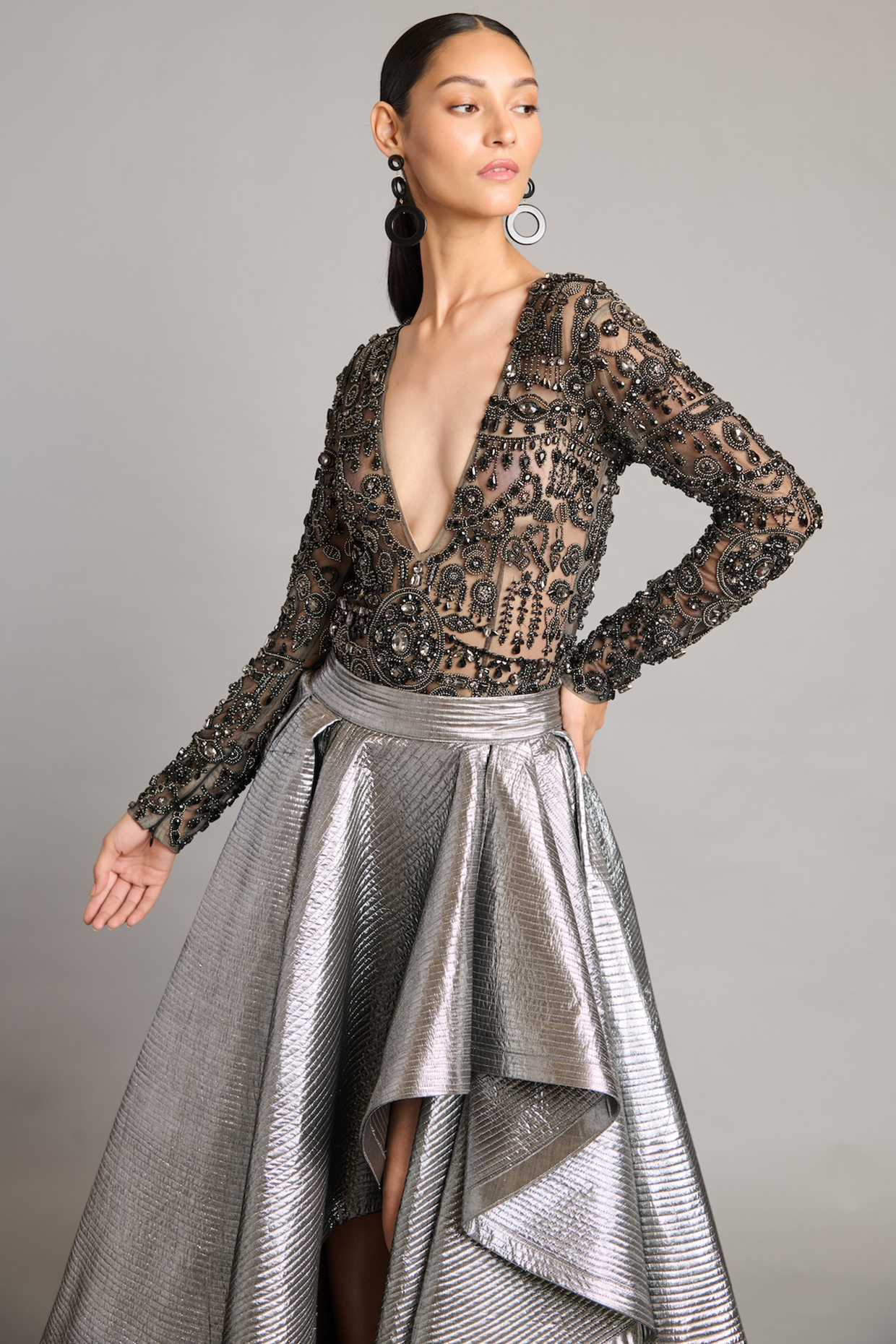 Black Net Embroidered Sheer Bodysuit by Siddartha Tytler at Pernia's Pop Up Shop