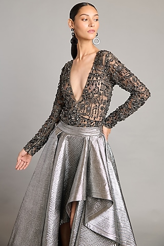 Black Net Embroidered Sheer Bodysuit by Siddartha Tytler