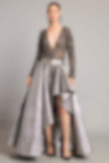 Gunmetal Colored Lamme Asymmetric Skirt by Siddartha Tytler at Pernia's Pop Up Shop
