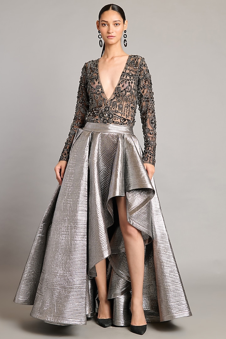 Gunmetal Colored Lamme Asymmetric Skirt by Siddartha Tytler at Pernia's Pop Up Shop
