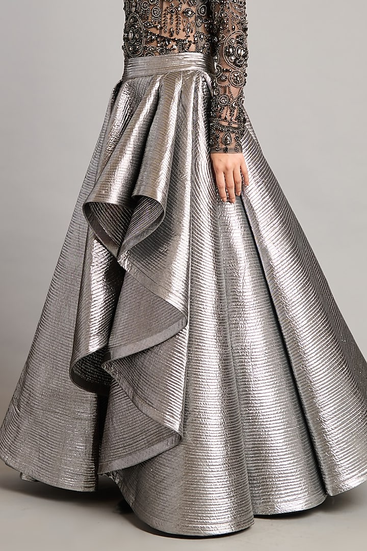 Gunmetal Colored Lamme Asymmetric Skirt by Siddartha Tytler at Pernia's Pop Up Shop