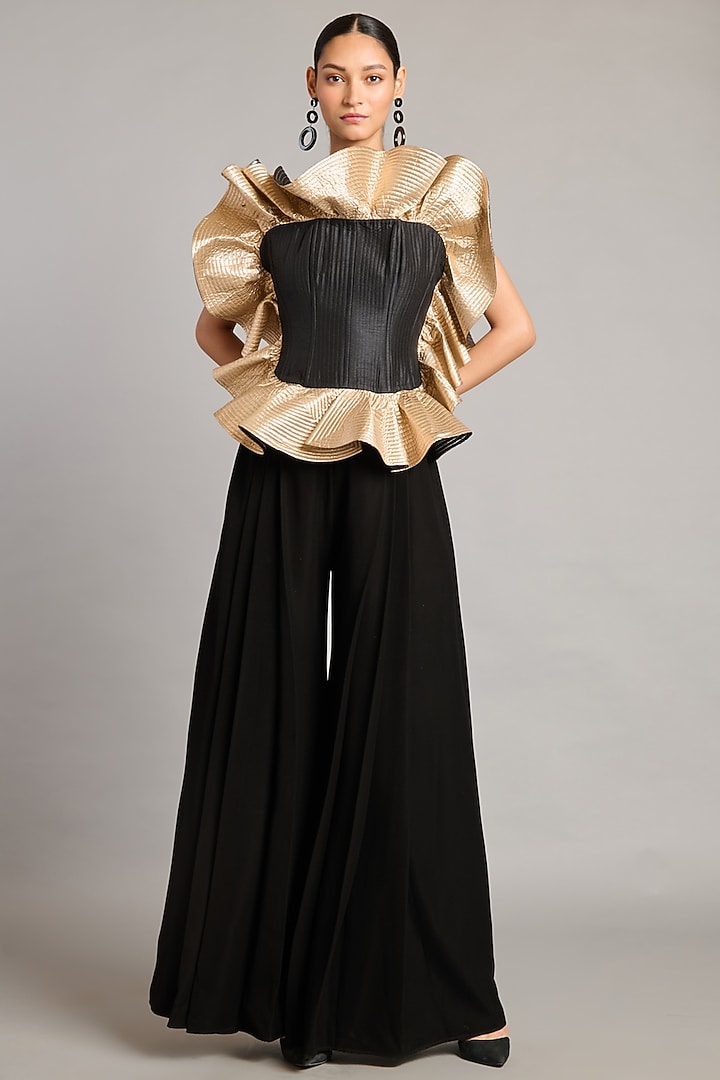 Black & Metallic Raw Silk Ruffled Corset Top by Siddartha Tytler at Pernia's Pop Up Shop