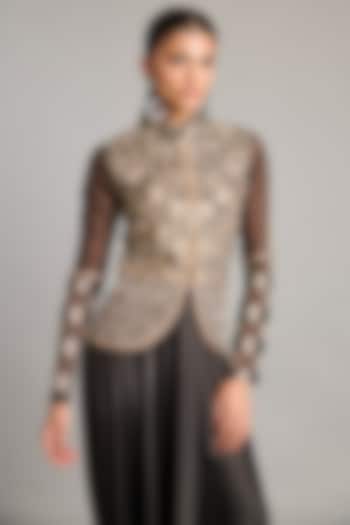 Black Organza Zari Embroidered Jacket by Siddartha Tytler at Pernia's Pop Up Shop
