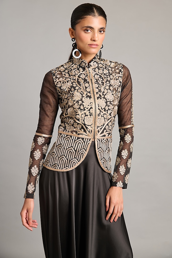 Black Organza Zari Embroidered Jacket by Siddartha Tytler at Pernia's Pop Up Shop