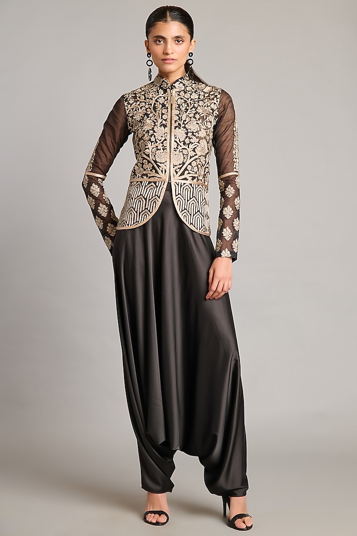 Black Organza Zari Embroidered Jacket by Siddartha Tytler at Pernia's Pop Up Shop