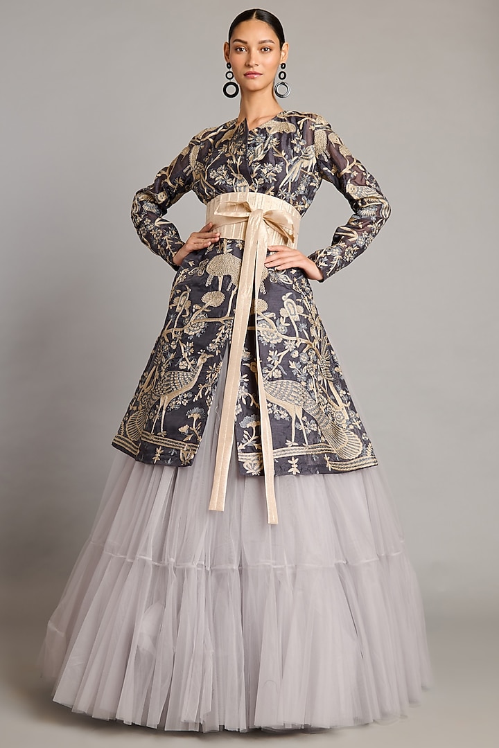 Steel Grey Net & Tulle Skirt by Siddartha Tytler at Pernia's Pop Up Shop