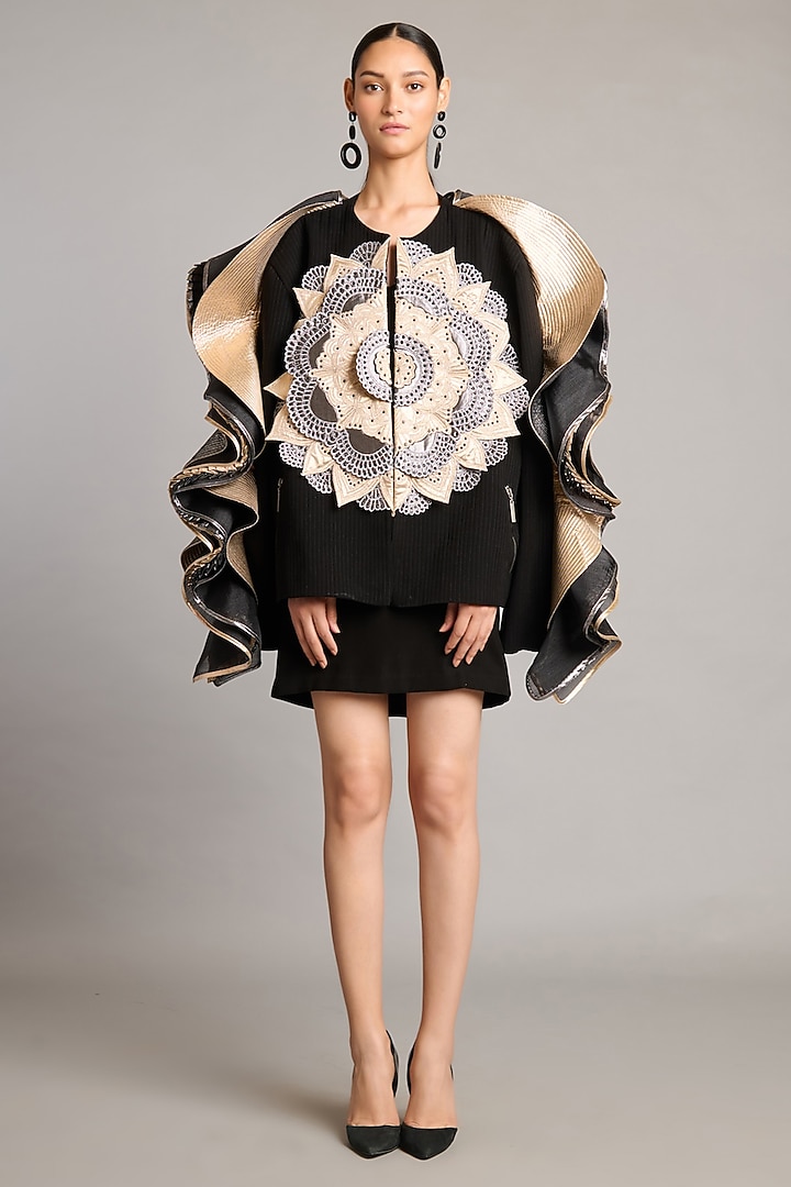 Black & Metallic Microfiber Mandala Patchwork Quilted Jacket by Siddartha Tytler at Pernia's Pop Up Shop