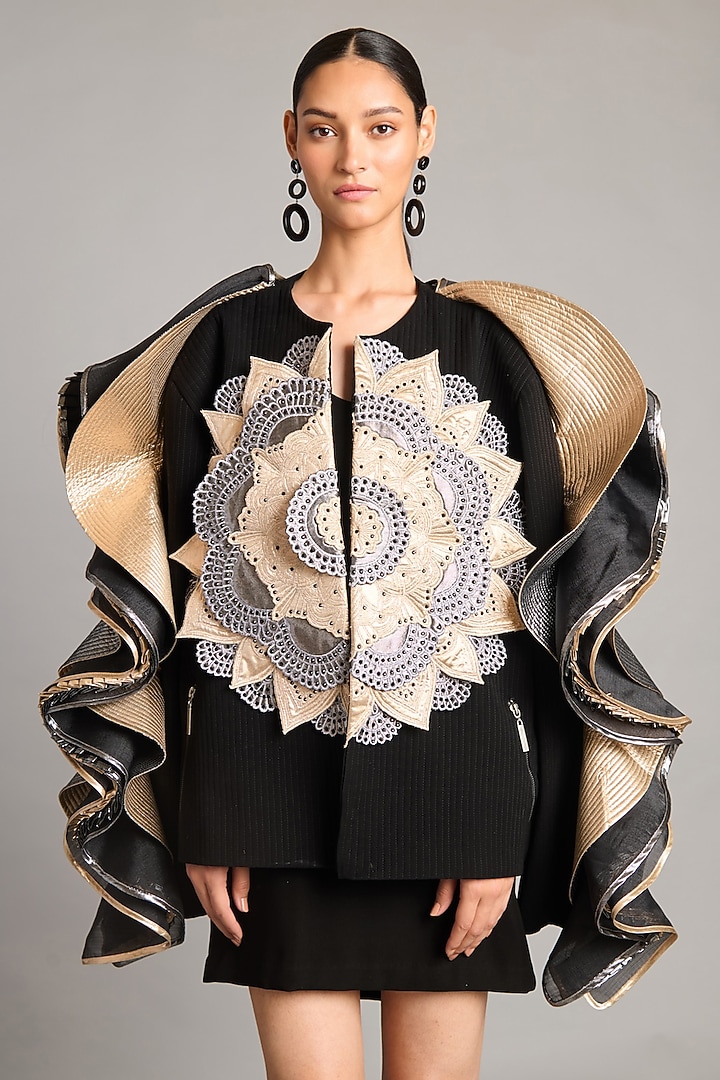 Black & Metallic Microfiber Mandala Patchwork Quilted Jacket by Siddartha Tytler at Pernia's Pop Up Shop