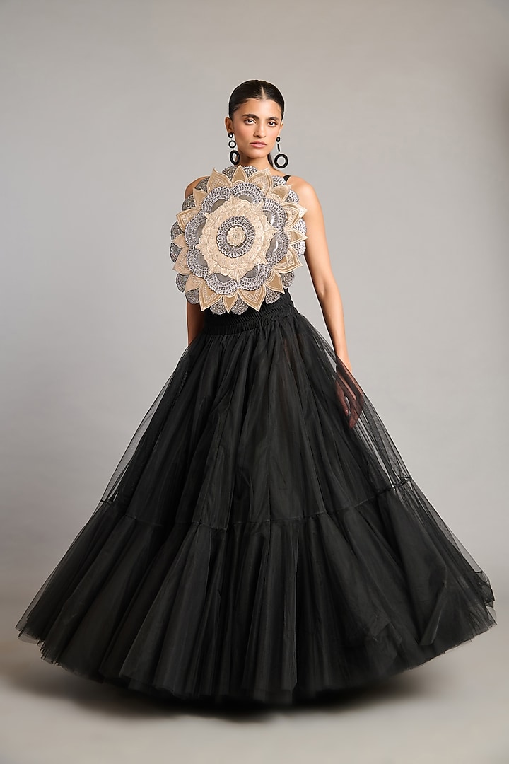 Black & Metallic Raw Silk Crop Top by Siddartha Tytler at Pernia's Pop Up Shop