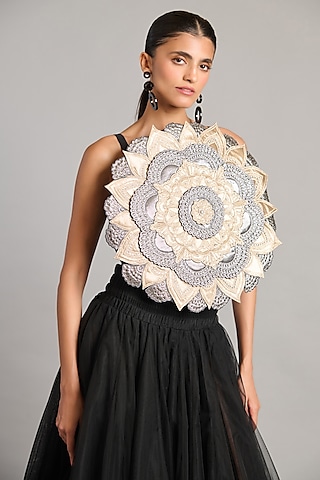 Black & Metallic Raw Silk Crop Top by Siddartha Tytler