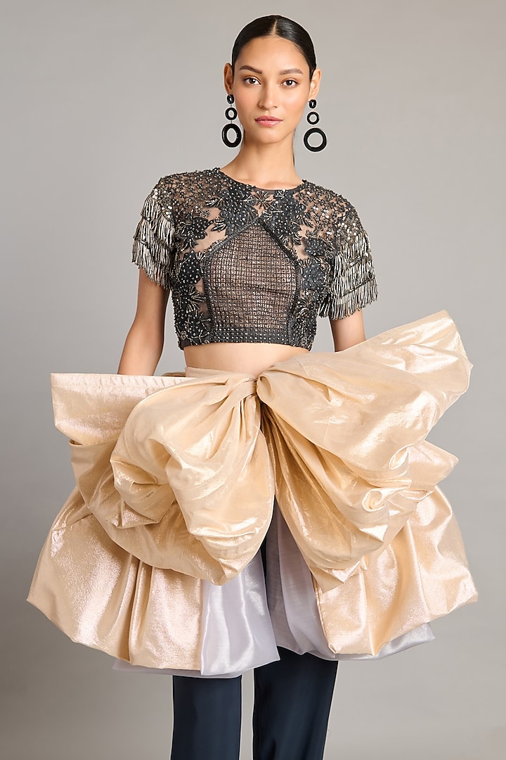 Gunmetal Colored Net Embroidered Sheer Top by Siddartha Tytler at Pernia's Pop Up Shop