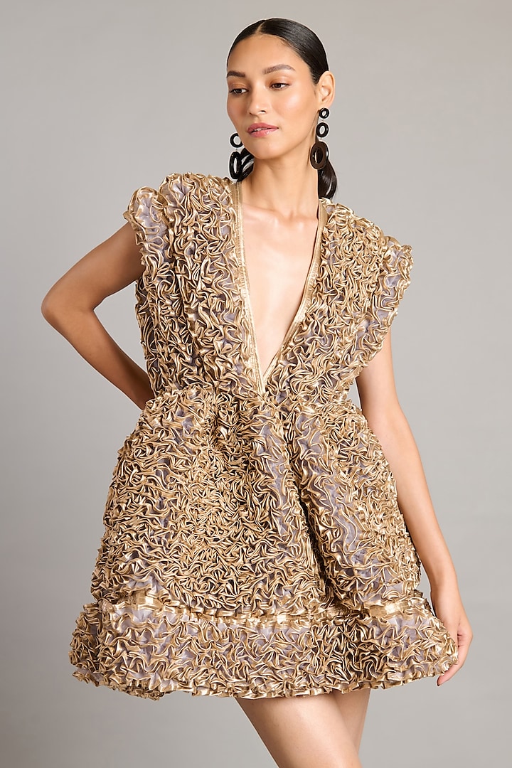 Steel Grey & Gold Lamme Ruffled Mini Party Wear Dress by Siddartha Tytler at Pernia's Pop Up Shop