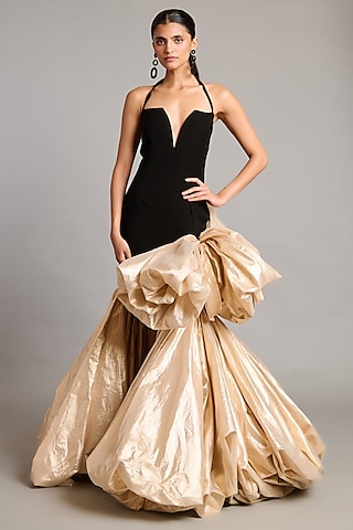 Black & Gold Microfiber Corset Gown by Siddartha Tytler