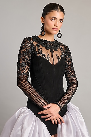 Black Net Embroidered Top by Siddartha Tytler