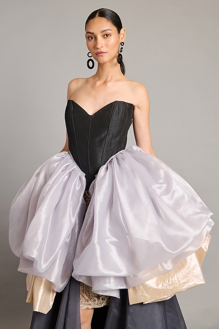 Black & Steel Grey Raw Silk Corset Top by Siddartha Tytler at Pernia's Pop Up Shop