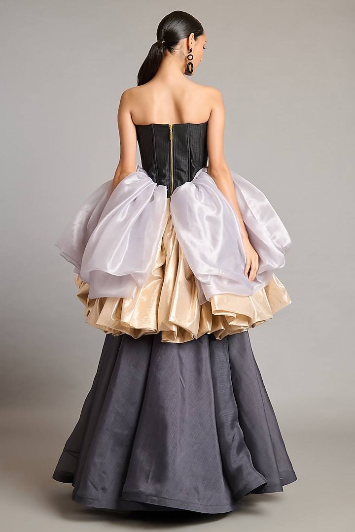 Black & Steel Grey Raw Silk Corset Top by Siddartha Tytler at Pernia's Pop Up Shop