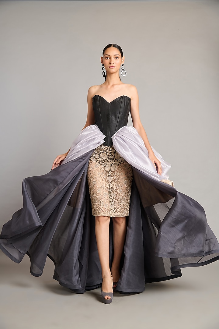 Gold & Charcoal Grey Net Bauble Pencil Skirt by Siddartha Tytler at Pernia's Pop Up Shop