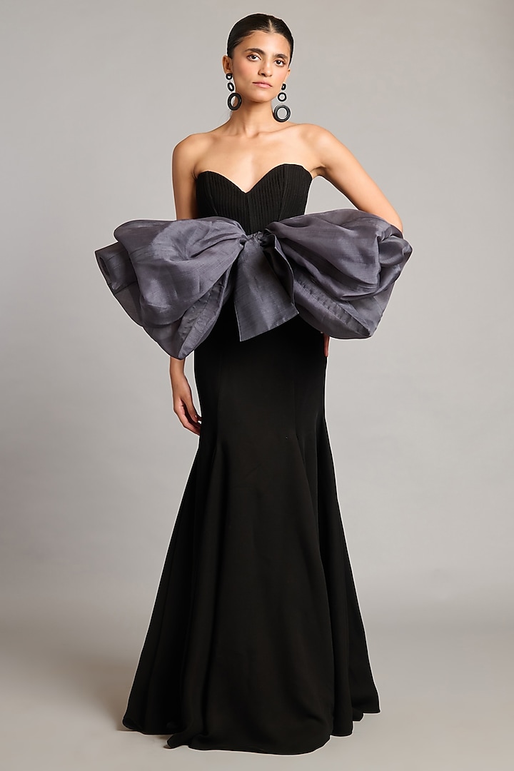 Black Microfiber & Knit Fishtail Skirt by Siddartha Tytler at Pernia's Pop Up Shop