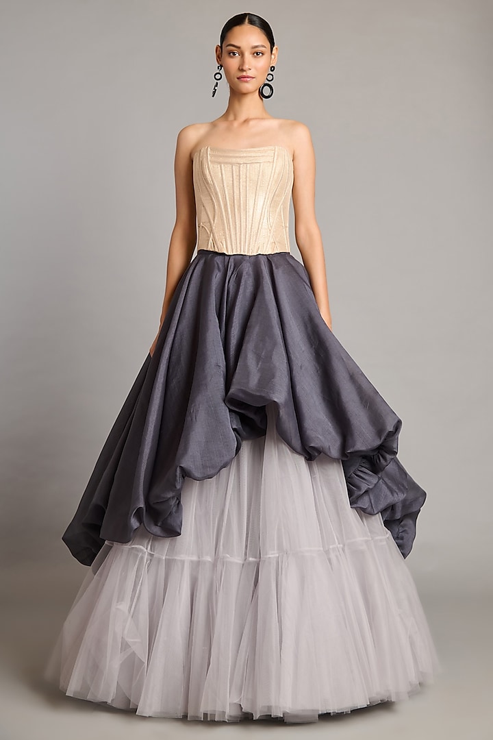 Steel Grey Net & Tulle Skirt by Siddartha Tytler at Pernia's Pop Up Shop