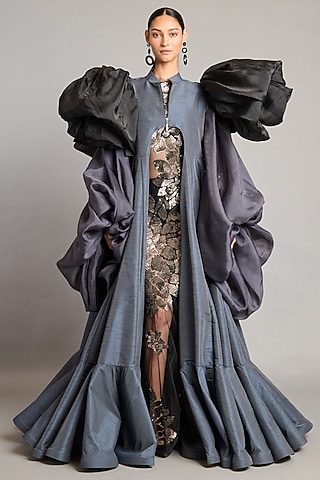 Slate Grey & Charcoal Raw Silk Jacket by Siddartha Tytler
