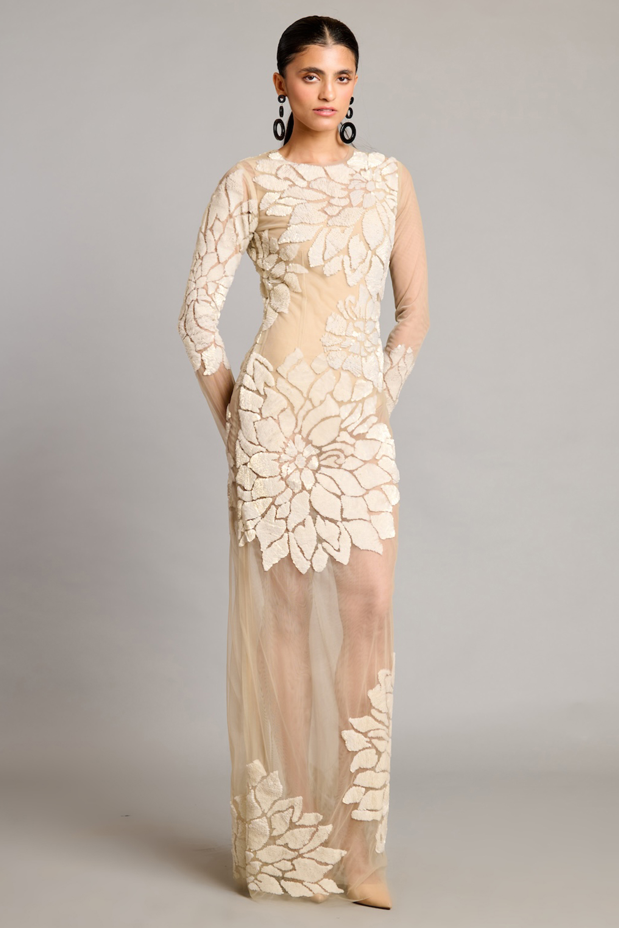 Ivory Net 3D Floral Embroidered Sheer Wedding Gown by Siddartha Tytler at Pernia's Pop Up Shop