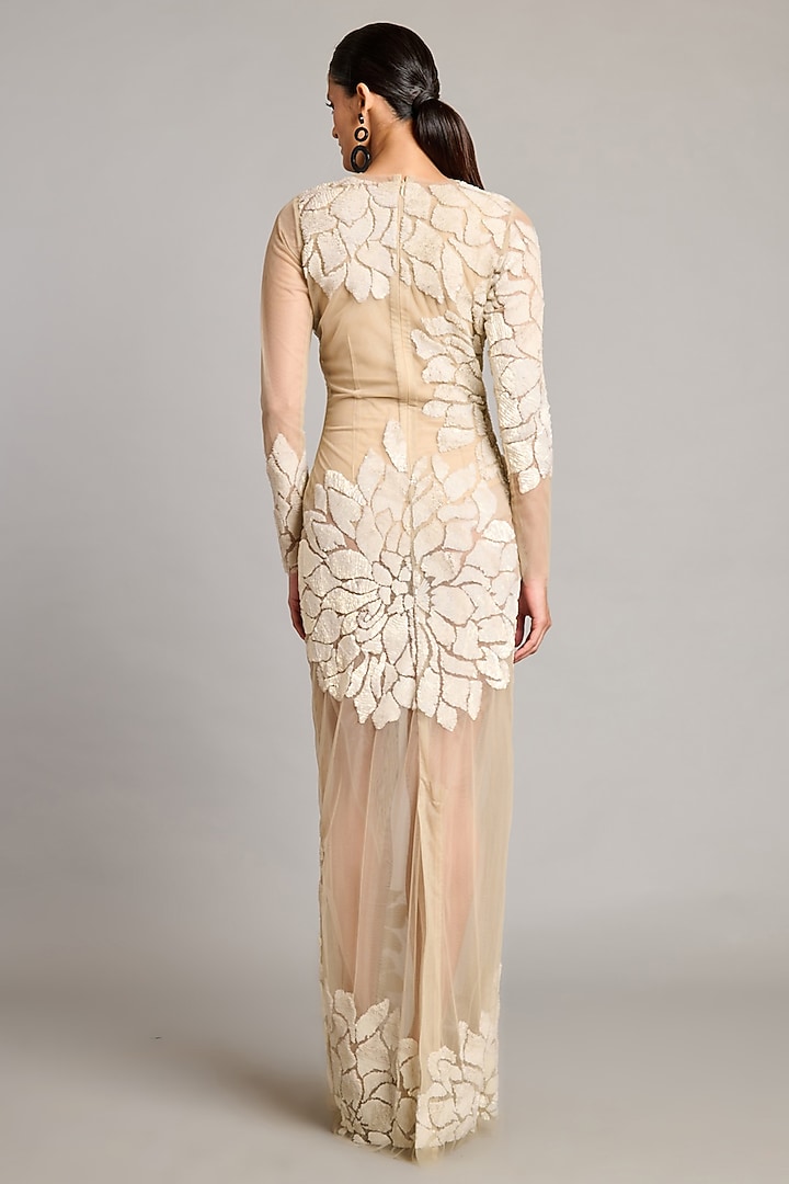 Ivory Net 3D Floral Embroidered Sheer Wedding Gown by Siddartha Tytler at Pernia's Pop Up Shop