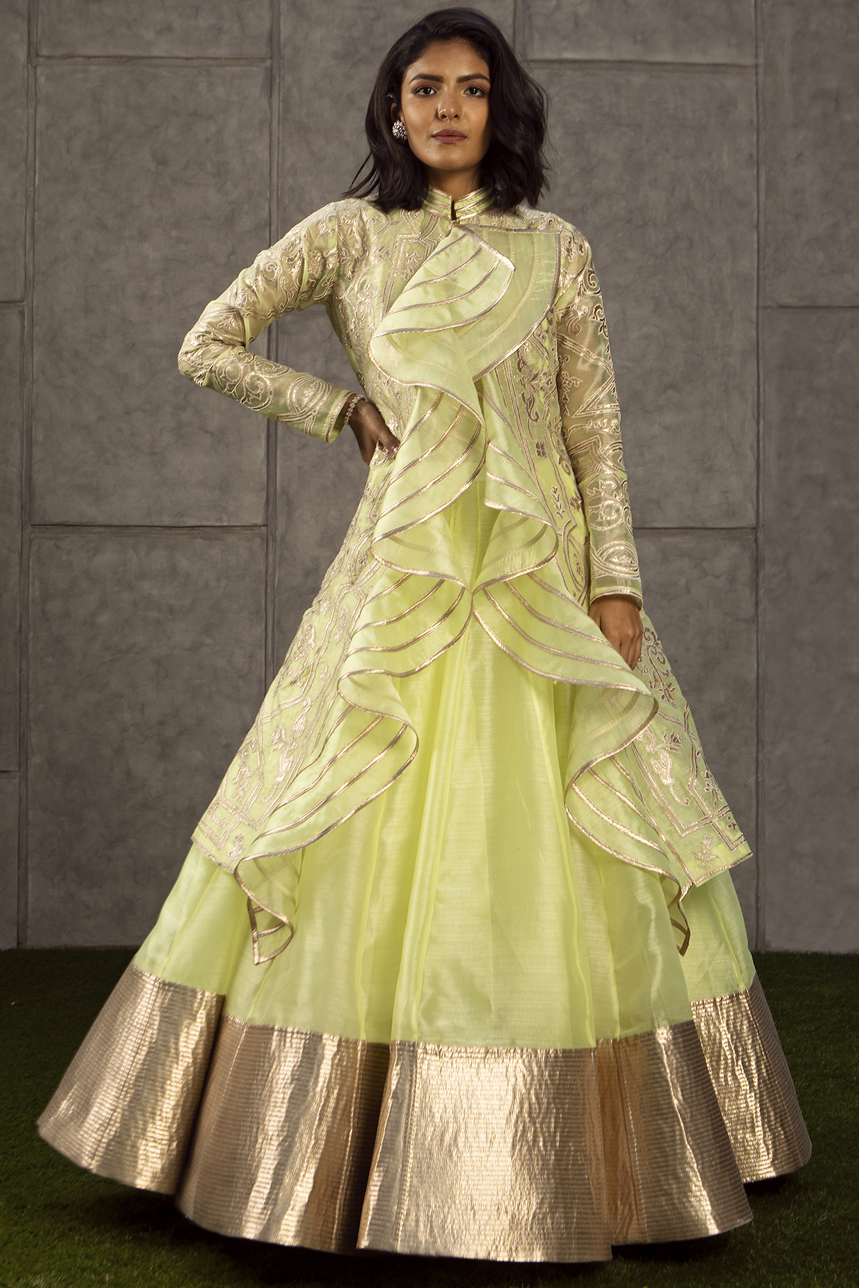 Lime Green Appliques Jacket With Skirt by Siddartha Tytler at Pernia's Pop Up Shop