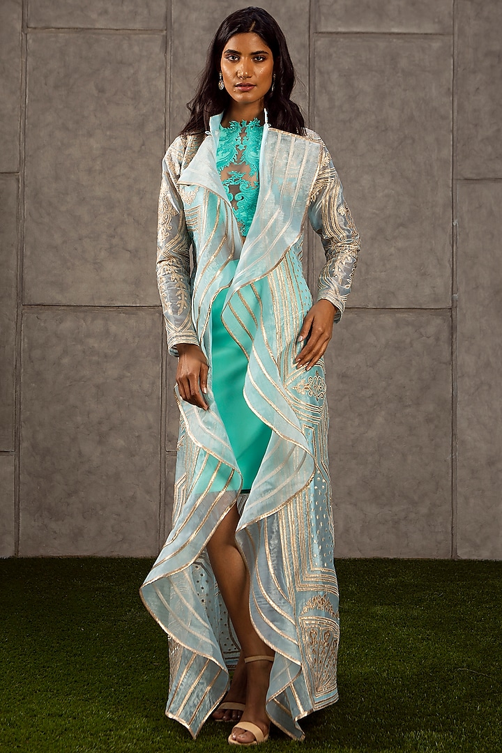 Ice Blue Embroidered Top With Skirt by Siddartha Tytler