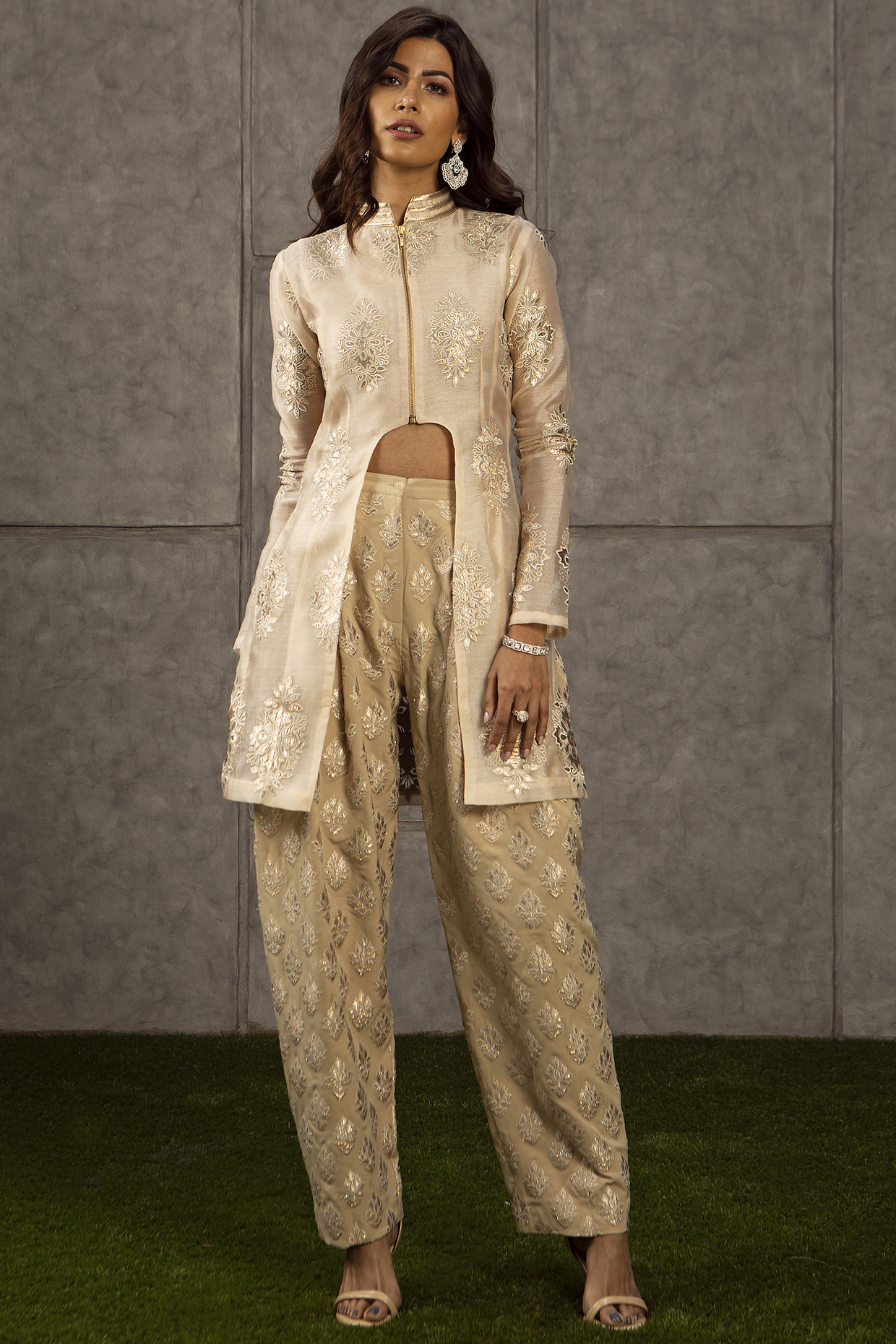 Beige & Gold Appliques Jacket by Siddartha Tytler