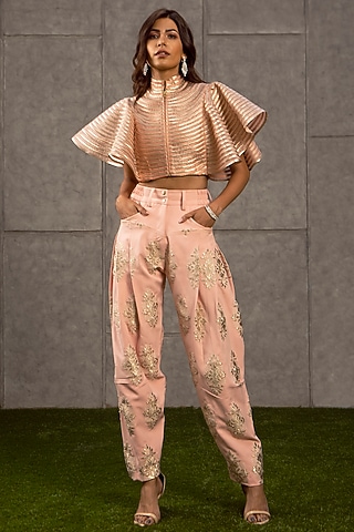Peach & Gold Appliques Balloon Pants by Siddartha Tytler