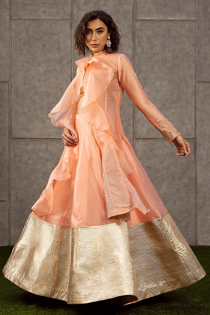 Peach & Gold Embroidered Skirt Set by Siddartha Tytler