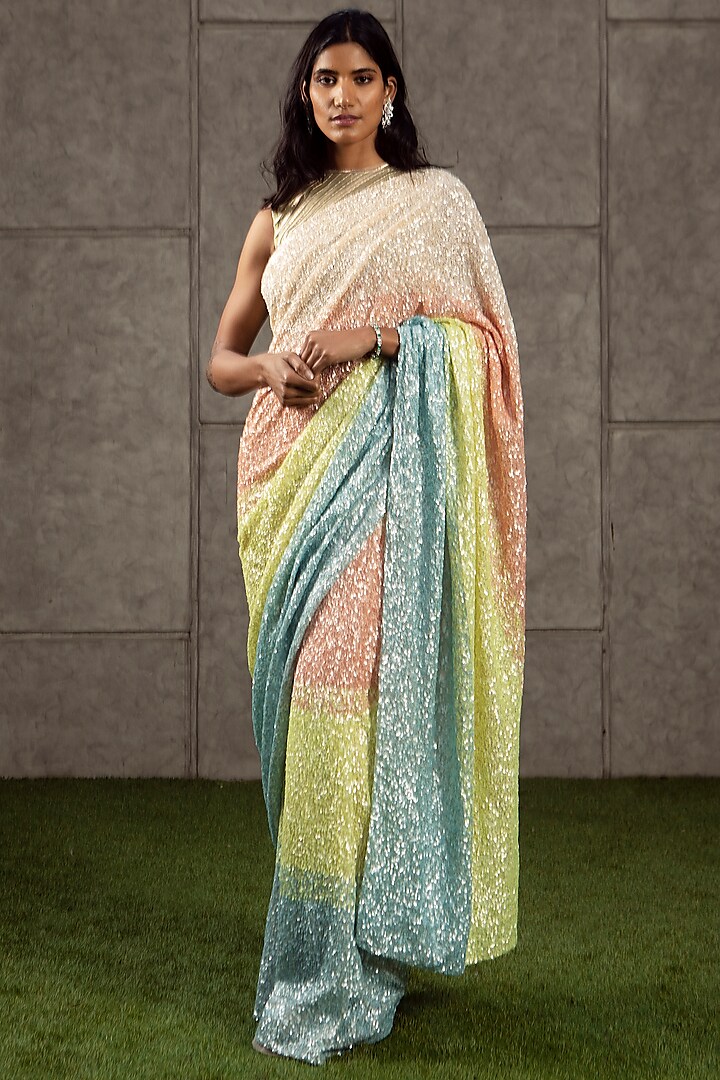 Multi Colored Georgette Sequins Hand Embroidered Saree Set by Siddartha Tytler