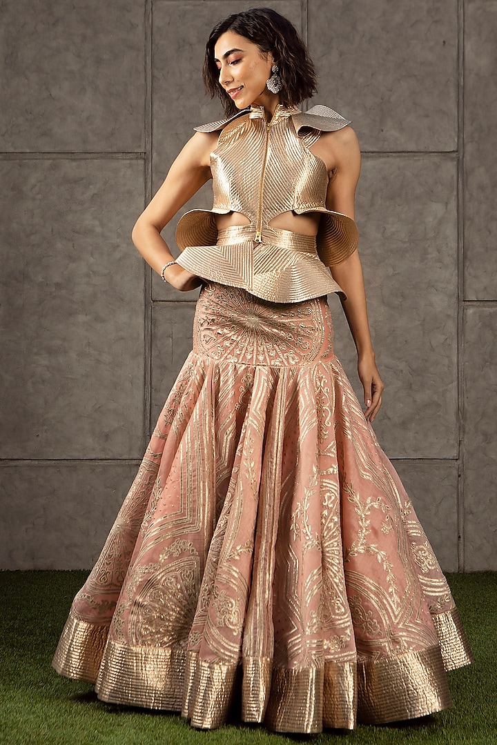 Peach & Gold Appliques Lehenga With Top by Siddartha Tytler
