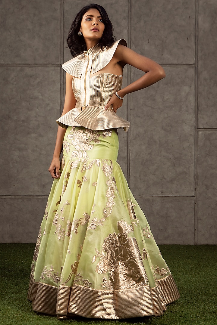 Lime & Gold Appliques Lehenga With Quilted Top by Siddartha Tytler