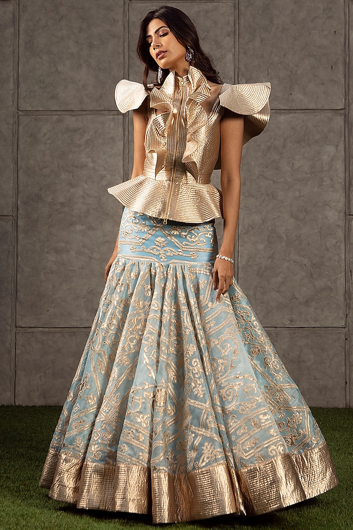 Ice Blue Appliques Lehenga With Top by Siddartha Tytler