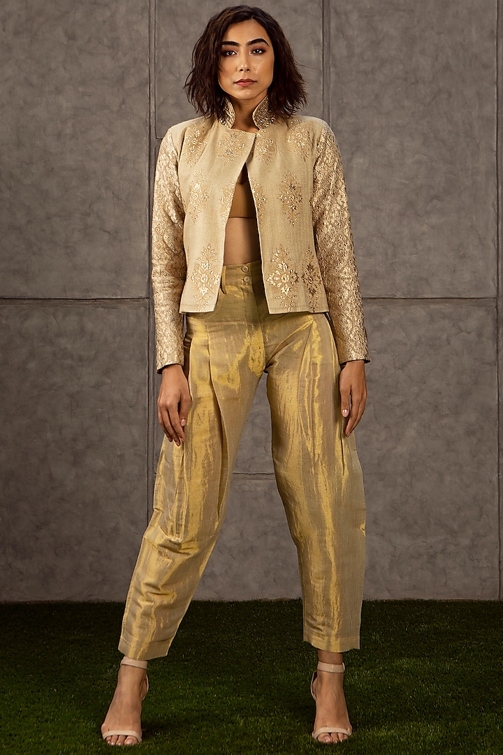 Beige Crystals Embroidered Jacket by Siddartha Tytler