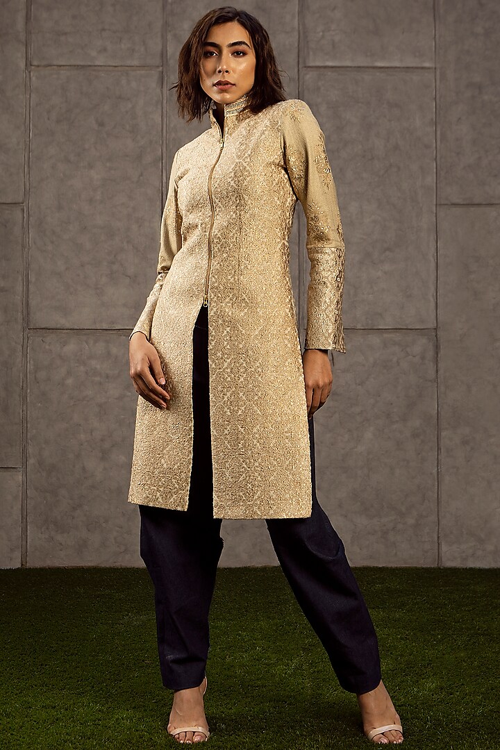 Beige Embroidered Long Jacket by Siddartha Tytler