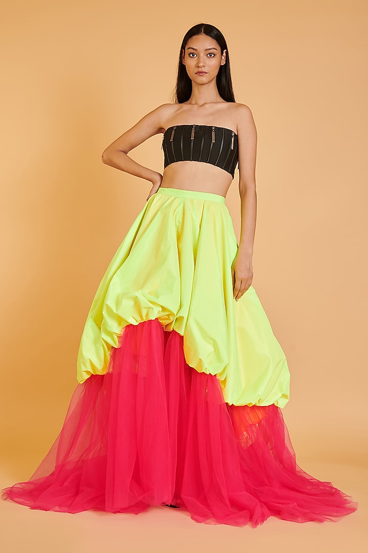 Neon Green & Pink Taffeta & Net Ball Gown Skirt by Siddartha Tytler