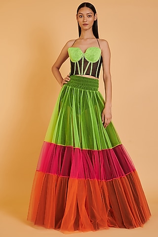 Multi-Colored Tulle Tiered Long Skirt by Siddartha Tytler