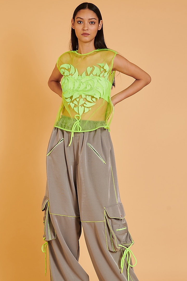 Neon Green Tulle Embroidered Top by Siddartha Tytler