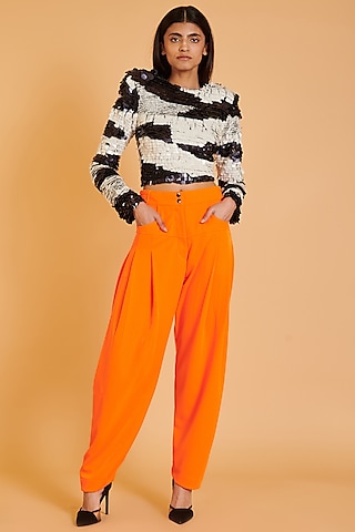 Orange Floral Embroidered Bell Bottom Pants Design by Capisvirleo