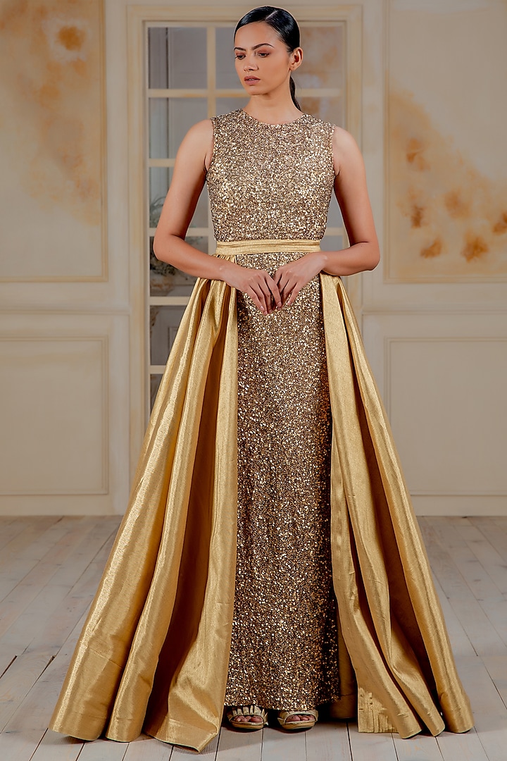 Copper Sequins Hand Embroidered Gown by Siddartha Tytler