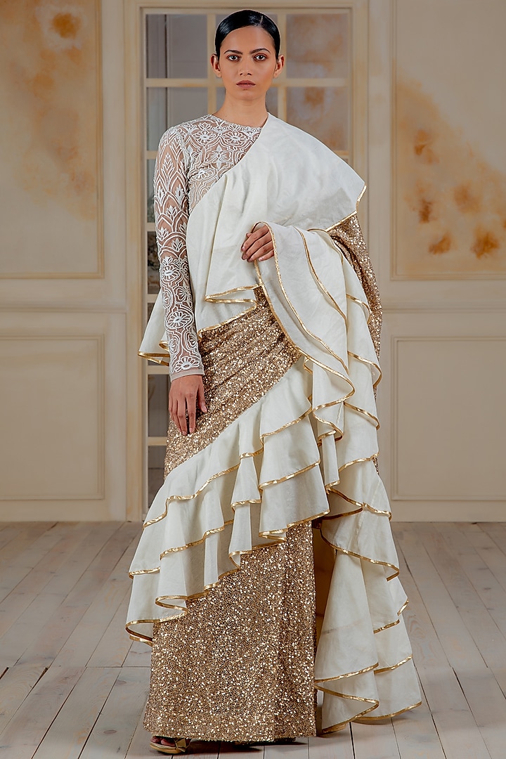 Ivory & Copper Hand Embroidered Saree Set by Siddartha Tytler