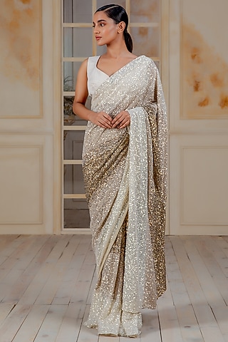 Ivory Hand Embroidered Saree Set by Siddartha Tytler