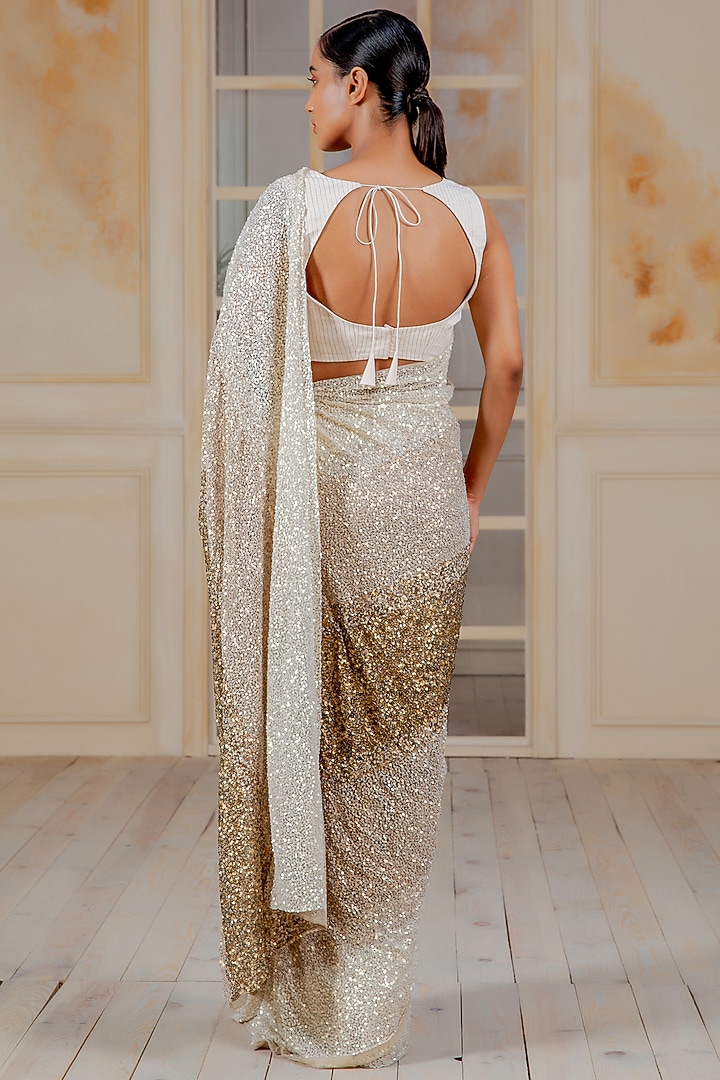Ivory Hand Embroidered Reception Saree Set by Siddartha Tytler at Pernia's Pop Up Shop