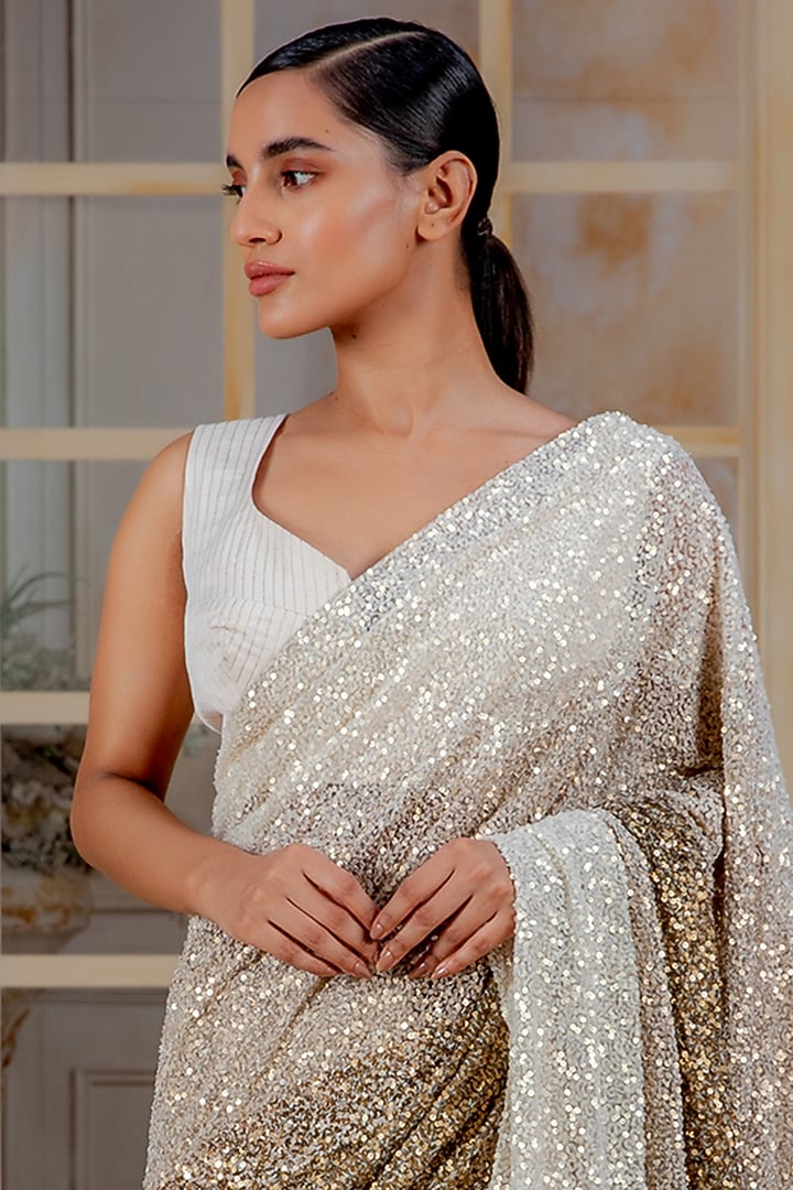 Ivory Hand Embroidered Reception Saree Set by Siddartha Tytler at Pernia's Pop Up Shop