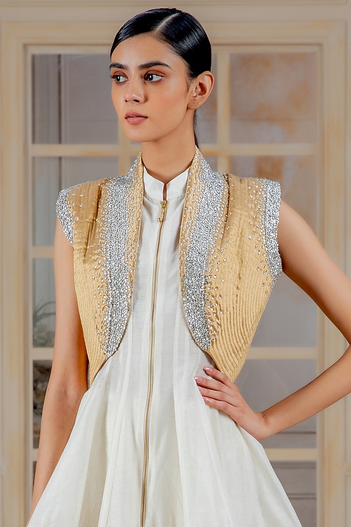 Gold Quilted Gilet Jacket With Crystal Work by Siddartha Tytler at Pernia's Pop Up Shop