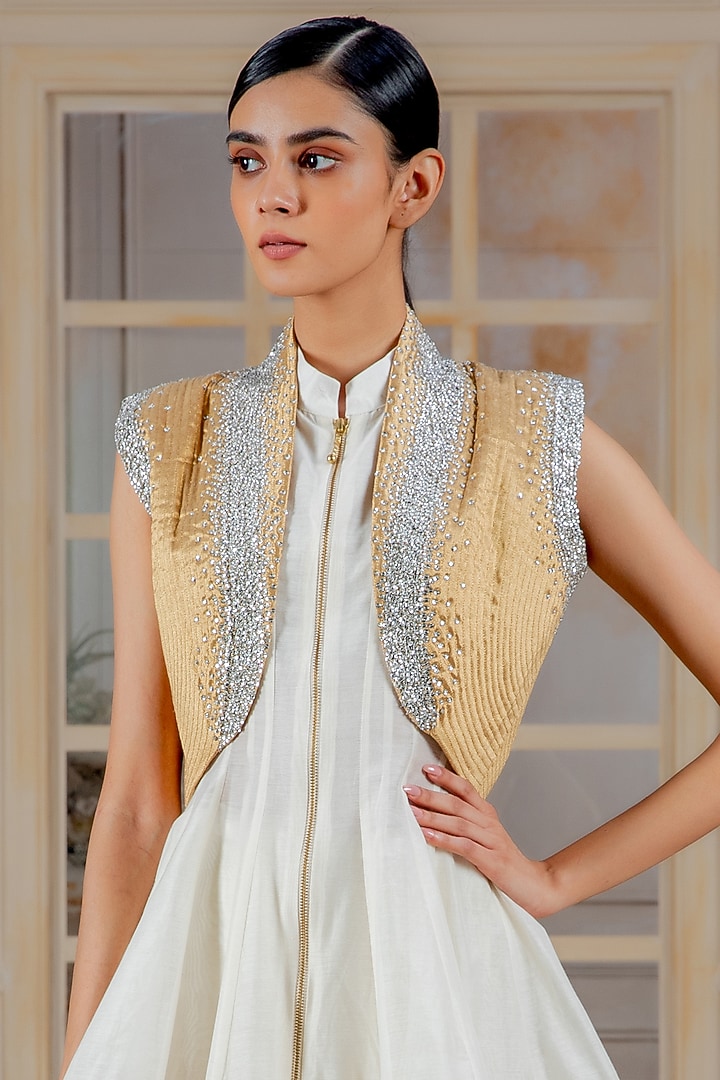 Ivory Gold Striped Wedding Anarkali Set by Siddartha Tytler at Pernia's Pop Up Shop
