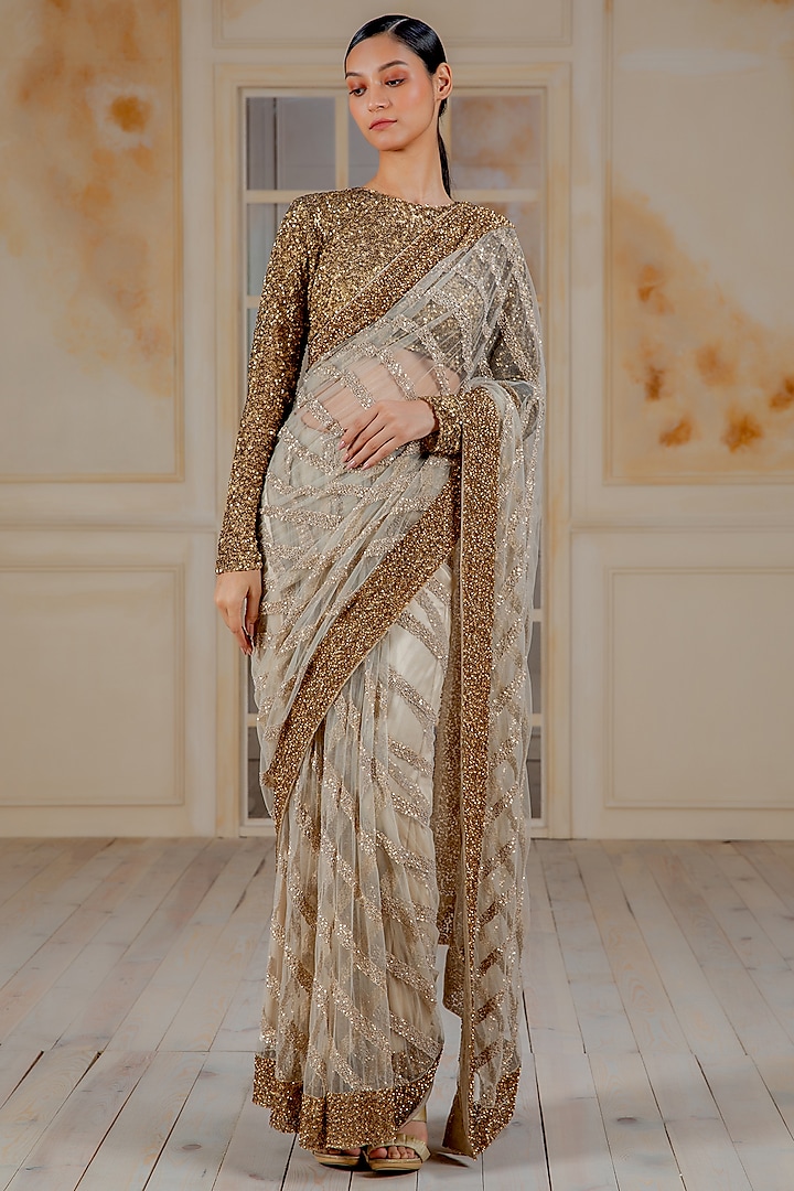 Copper & Nude Sequins Striped Saree Set by Siddartha Tytler